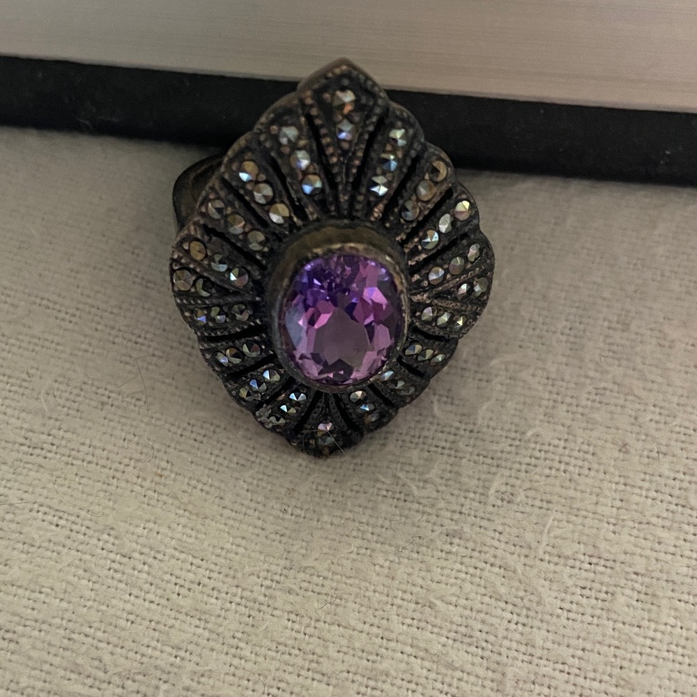 Genuine Sterling Silver Marcasite Purple amethyst colored stone Ring size 10